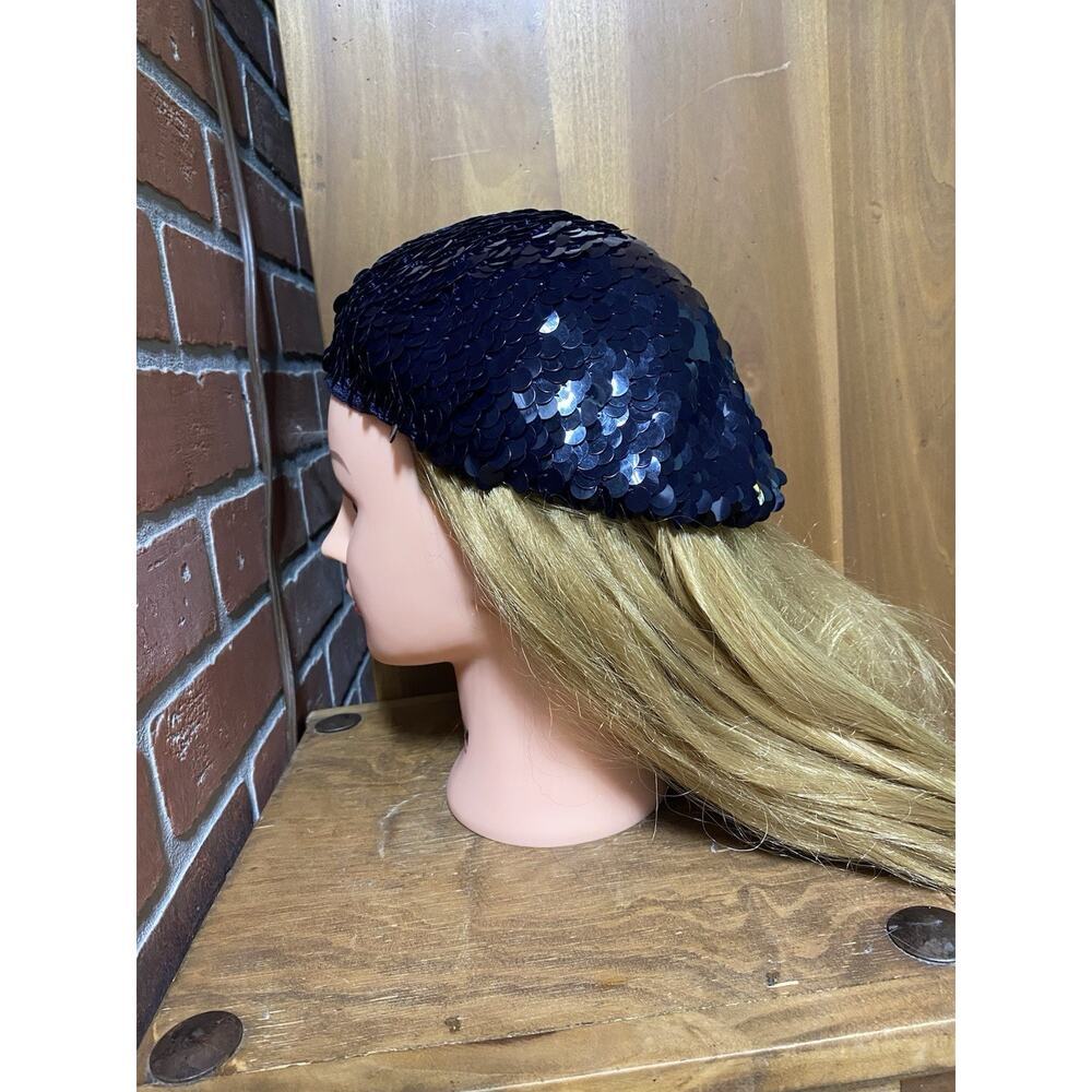 Black Sequin Vintage Beret Beanie Hat One Size Stretchy 1920s Gatsby Flapper